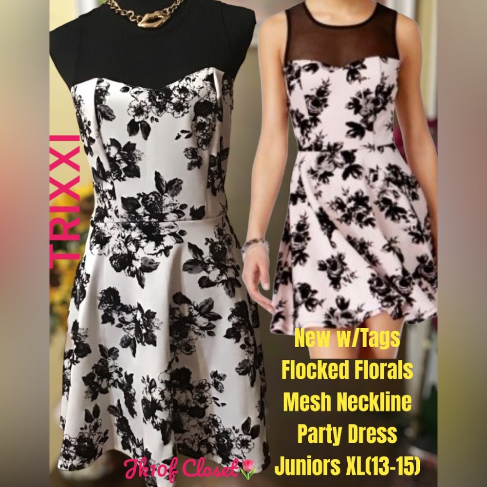 LOWEST🌺 NWT TRIXXI JRS XL FLOCKED BLACK FLORALS PARTY DRESS